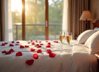 Hôtel romantique en Bretagne : les recommandations pour une nuit magique Chambre romantique chaleureuse avec pétales et champagne