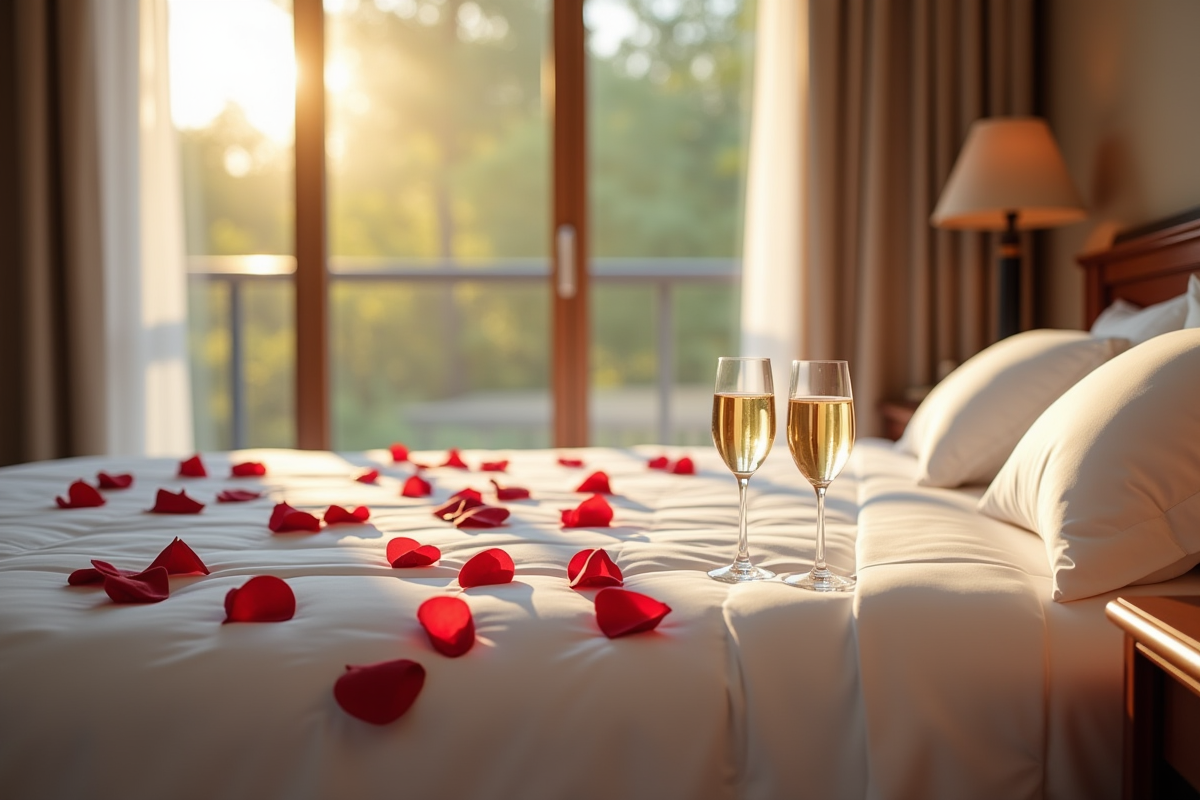 Chambre romantique chaleureuse avec pétales et champagne