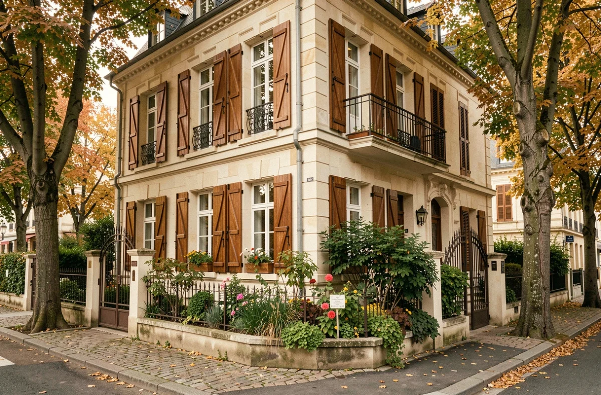 Façade typique d'une chambre d'hôtes en Val-de-Marne avec jardin fleuri et volets en bois