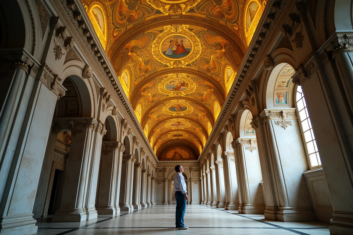 Intérieur de la Chapelle Palatine du Palais des Normands à Palerme, mosaïques byzantines dorées au plafond et muqarnas en bois sculpté, visiteur admirant la nef