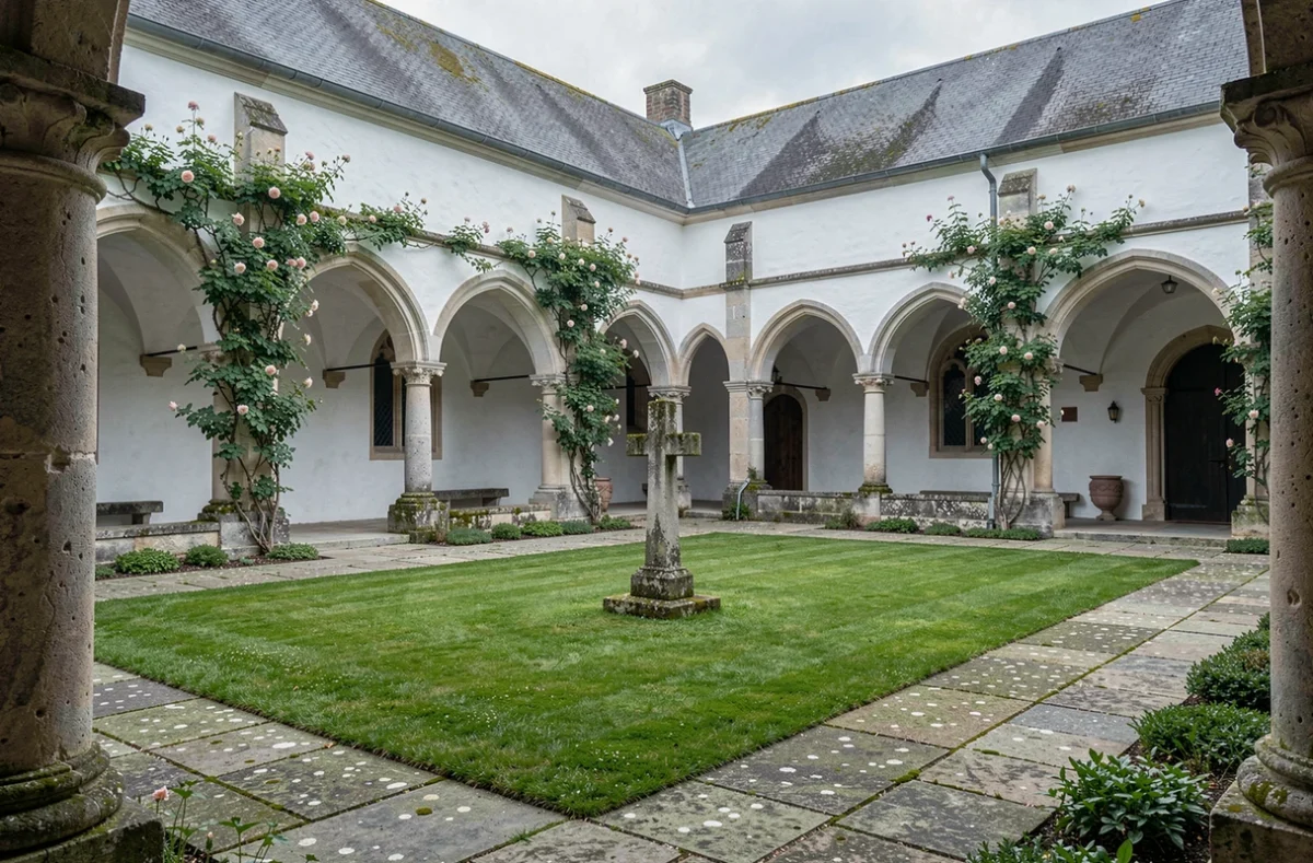 Cloître médiéval de La Chartreuse du Val Saint-Esprit à Gosnay avec arcades en pierre et jardin central