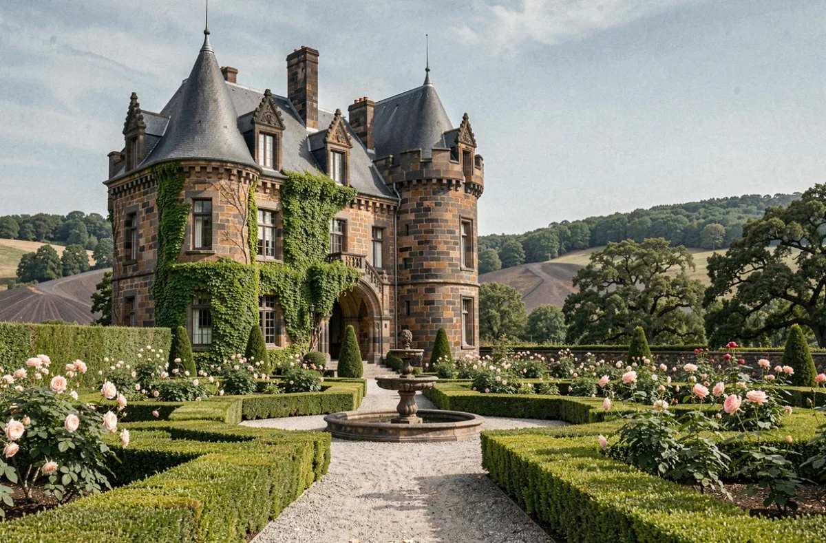 Façade médiévale en basalte du Château de Codignat en Auvergne avec jardins à la française et tours crénelées