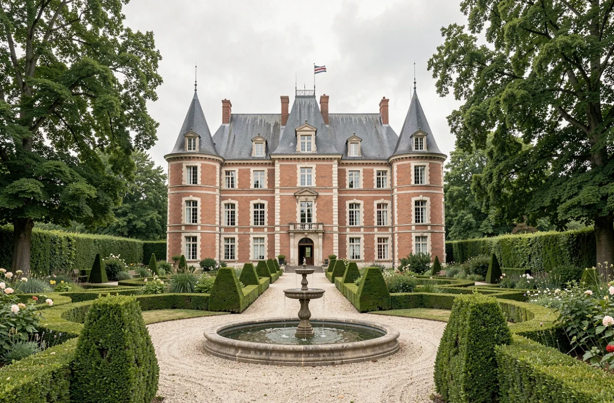 Château de la Motte Fenelon à Cambrai entouré d'un jardin à la française avec fontaine et haies taillées