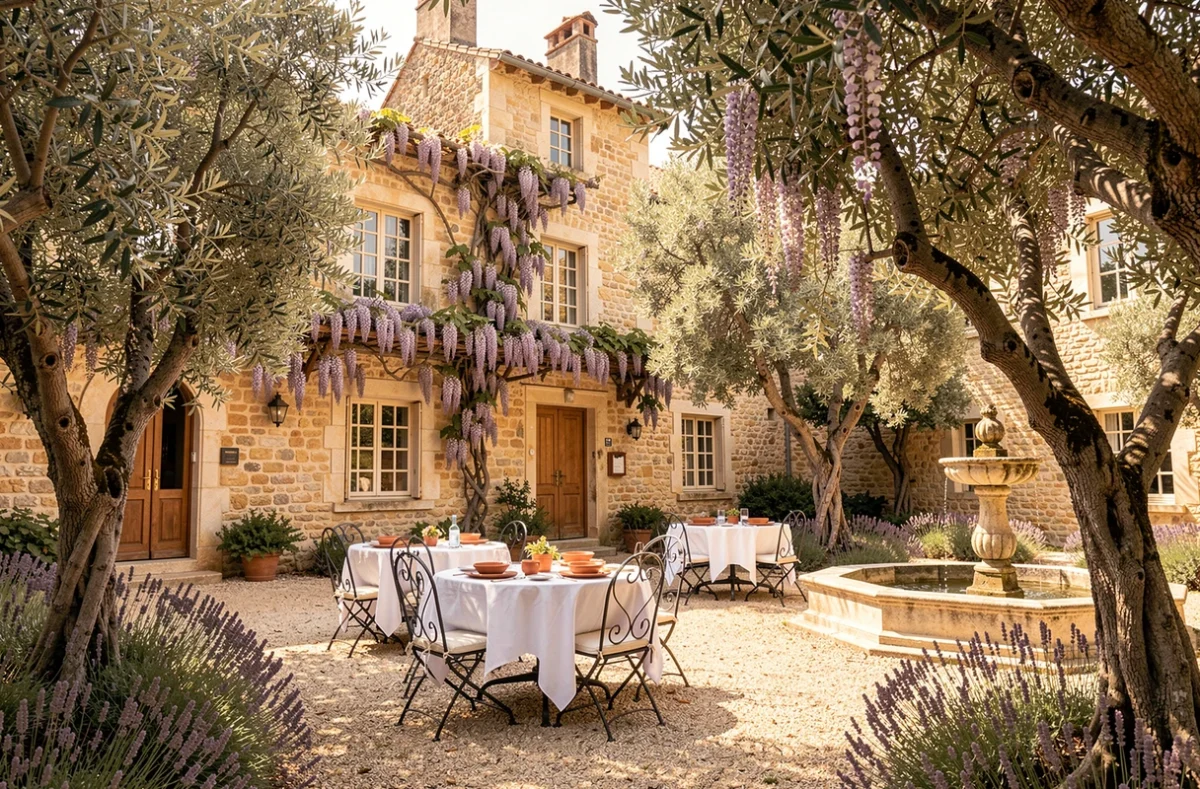 Cour ensoleillée du Château les Oliviers de Salettes en Drôme provençale avec oliviers centenaires et façade en pierre calcaire