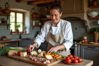 Chef femme en cuisine rustique avec plateau de fromages et charcuterie