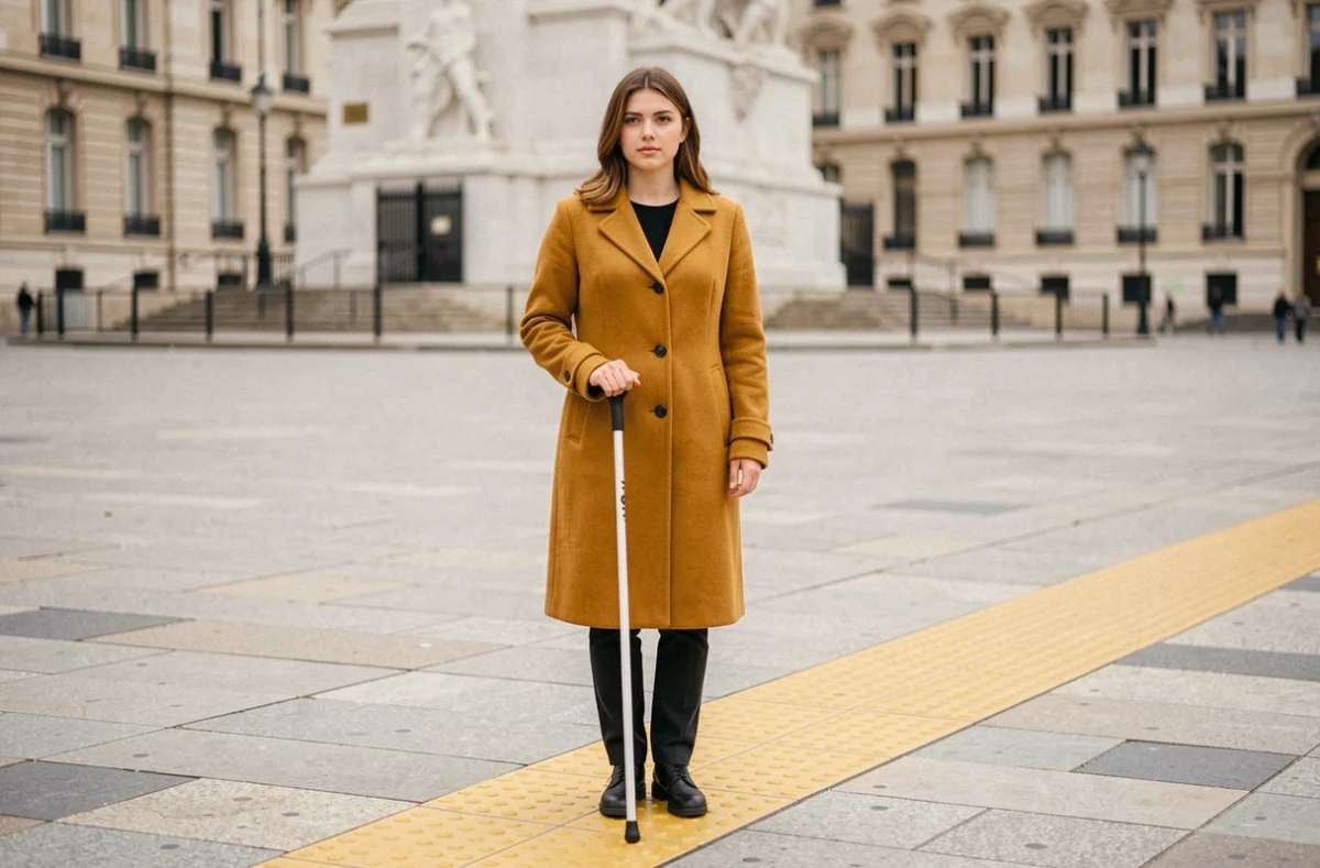 Jeune femme malvoyante avec canne blanche suivant un cheminement podotactile sur une place parisienne accessible