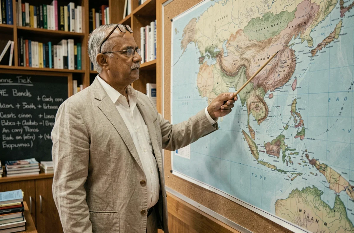 Chercheur universitaire asiatique analysant une carte murale de l'Asie avec les pays et territoires disputés dans un bureau académique