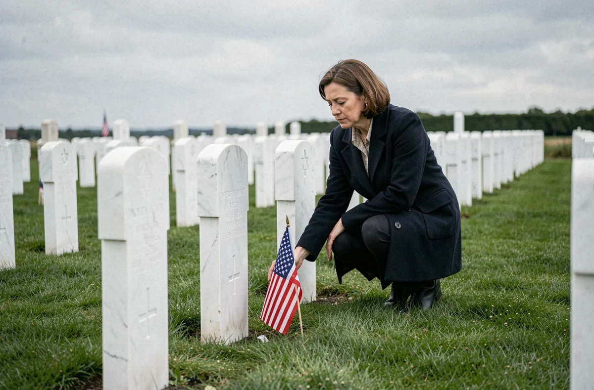 Femme recueillie devant une tombe au cimetière américain de Colleville-sur-Mer, site mémoriel du débarquement en Normandie