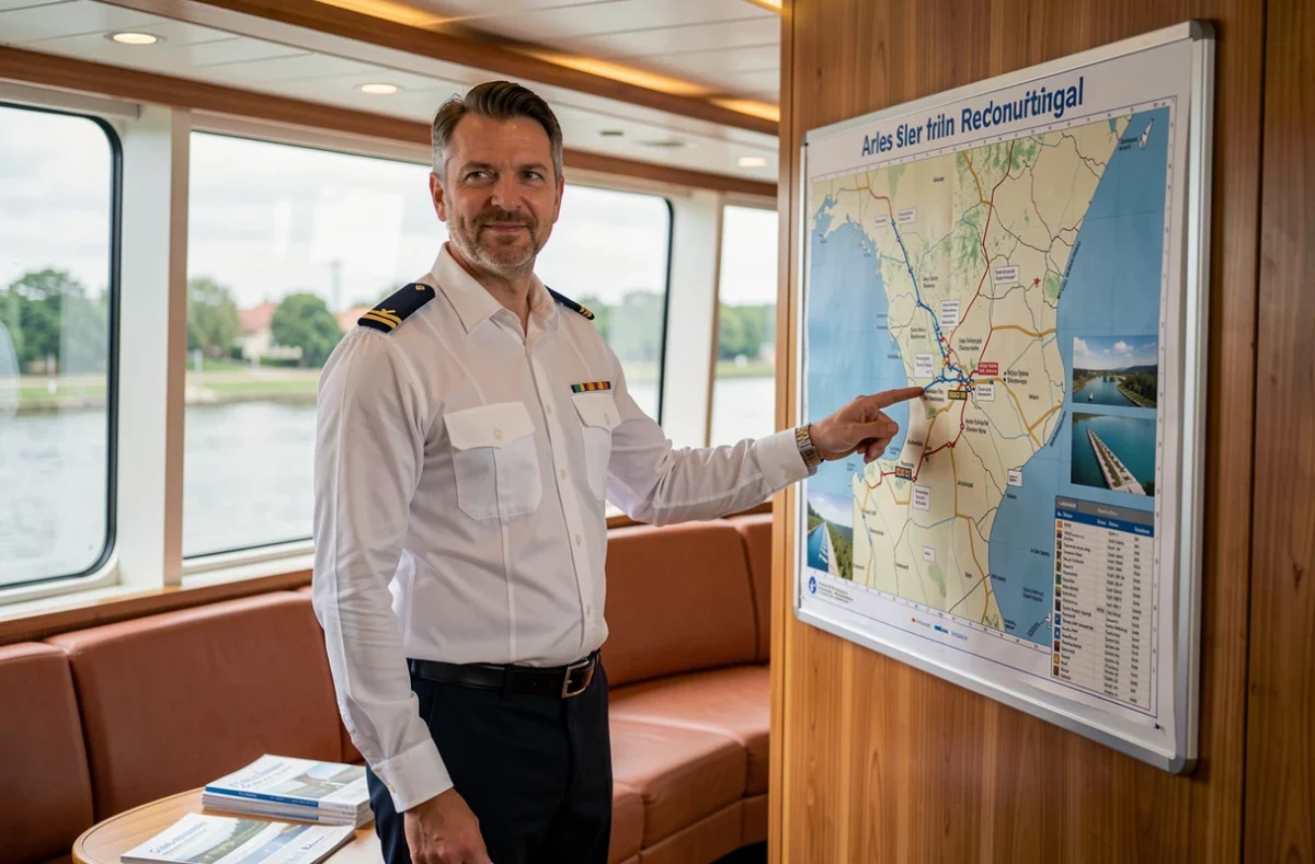 Concierge en uniforme présentant l'itinéraire d'une croisière fluviale sur le Rhône à Arles à bord du navire