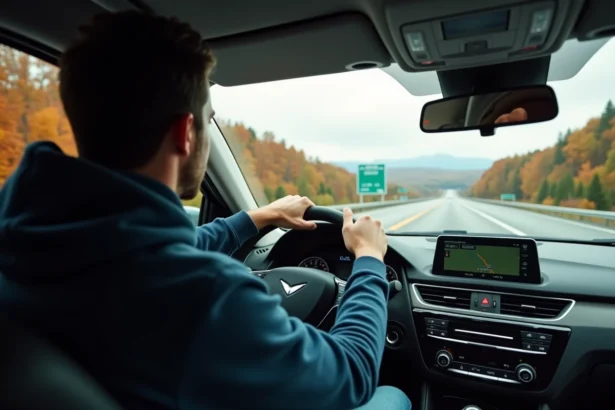 Conducteur au volant sur l'autoroute entre Montréal et New York entouré de forêts automnales