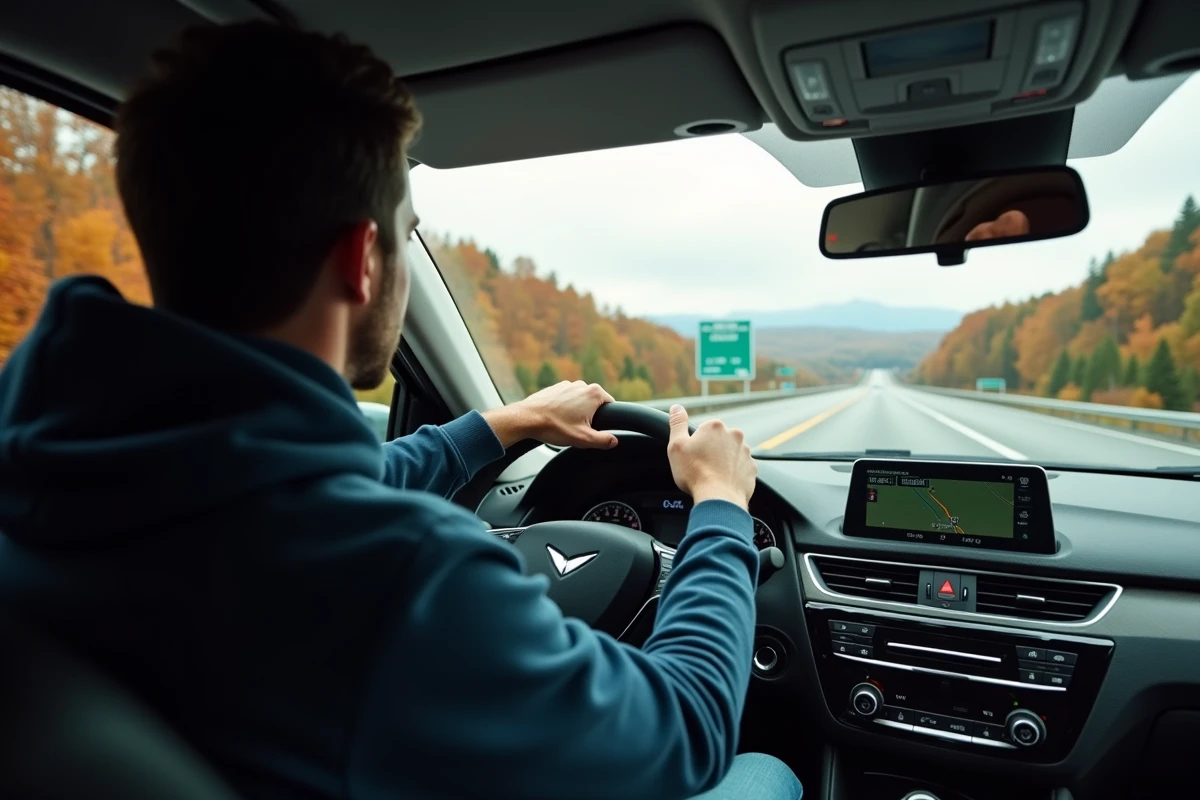 Conducteur au volant sur l'autoroute entre Montréal et New York entouré de forêts automnales