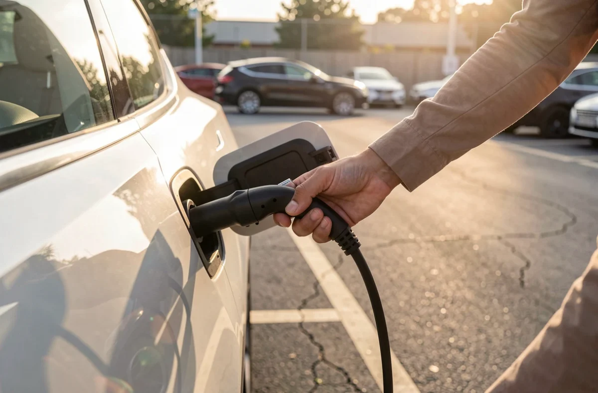 Conducteur branchant le câble de recharge sur une voiture électrique