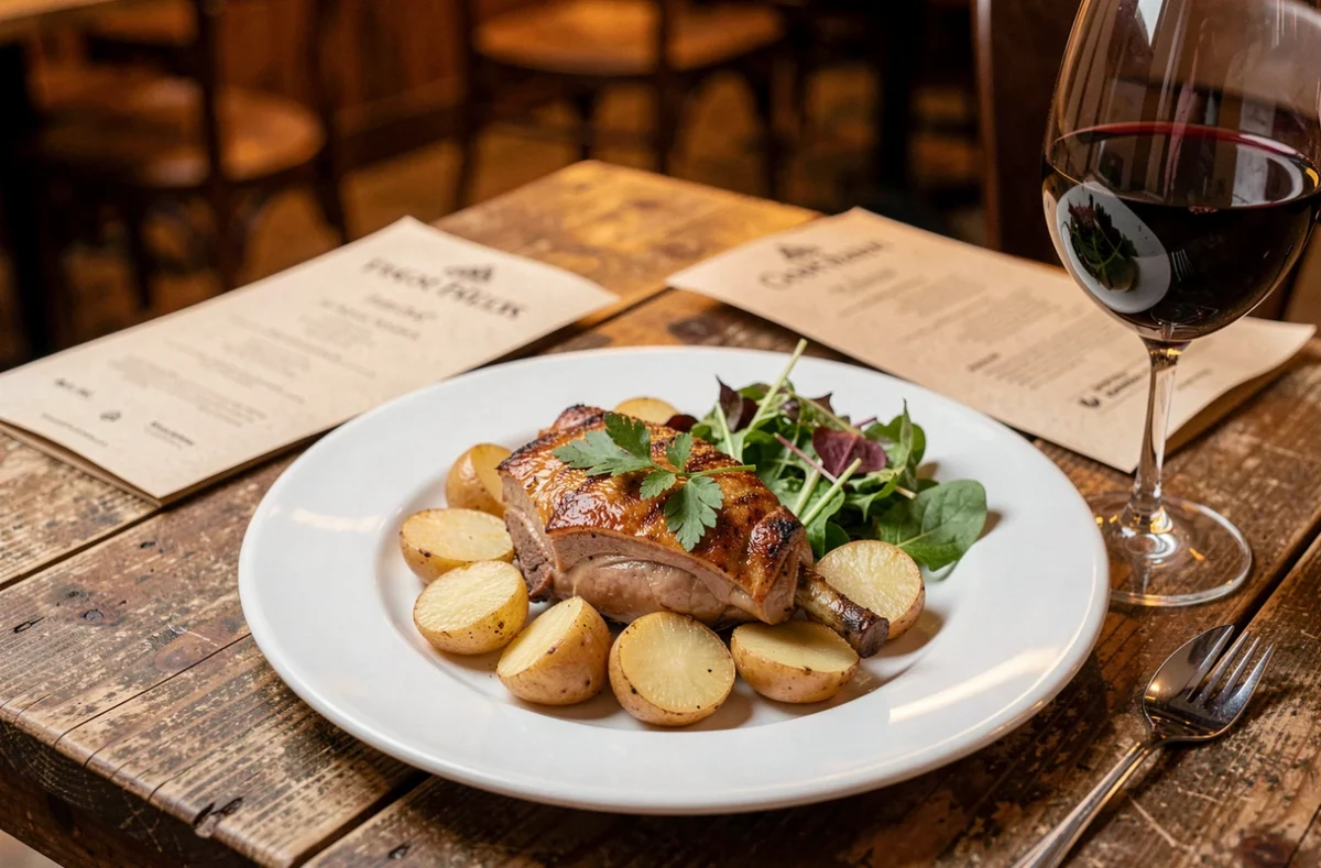 Assiette de confit de canard avec pommes sarladaises dans un restaurant proche de l'hôtel Ibis Libourne
