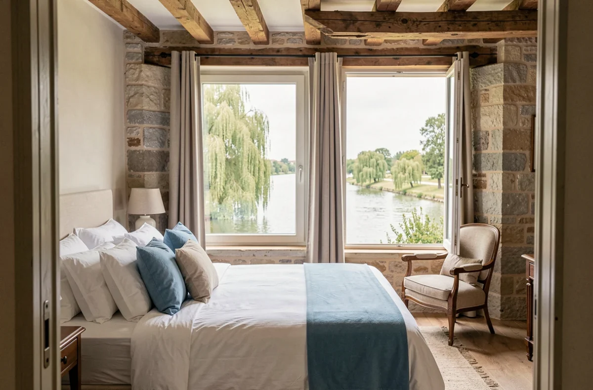 Chambre d'hôtes Côté Marne à Champigny-sur-Marne avec vue sur la rivière et lit en lin blanc