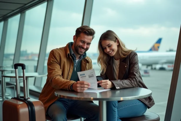Jeune couple souriant à l'aéroport Charles de Gaulle