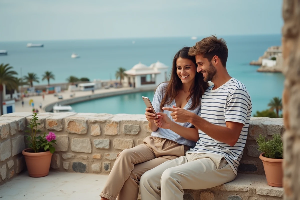 Couple consultant une application de location vacances sur smartphone depuis un balcon avec vue sur la mer en France