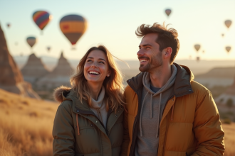 Couple souriant dans un champ avec montgolfieres en fond