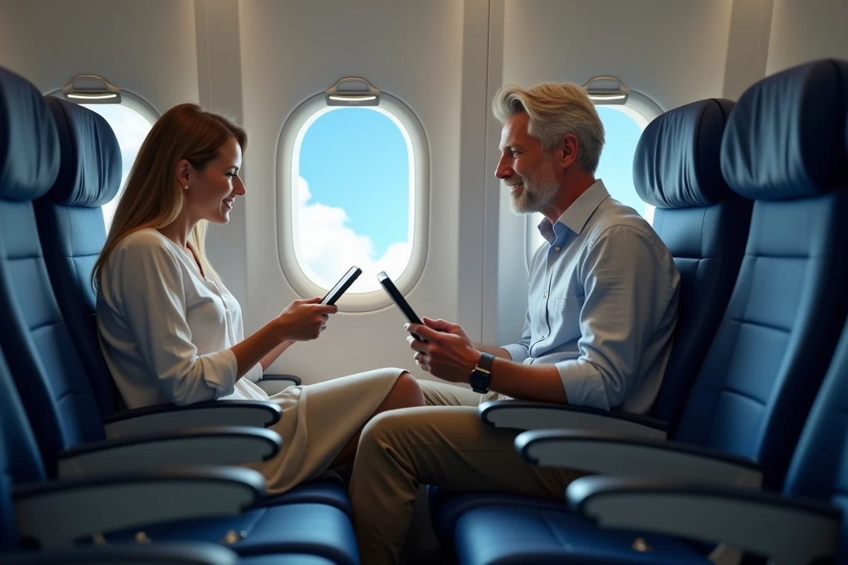 Couple de voyageurs détendus à bord d'un avion Delta Airlines regardant par le hublot pendant un vol vers les États-Unis