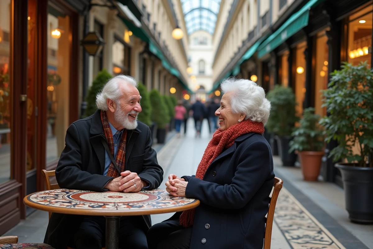 Couple âgé discutant dans un café de la galerie Vivienne