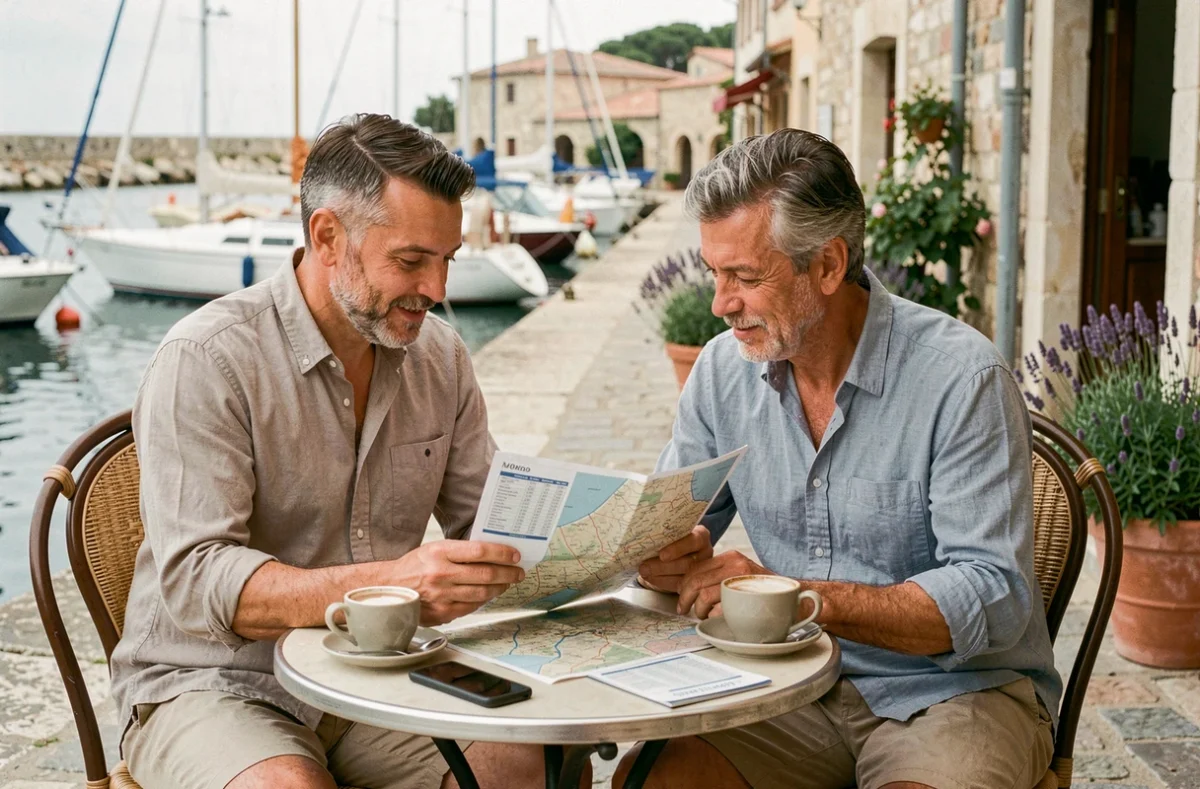 Couple consultant un horaire de bateau pour rejoindre Porquerolles depuis un café du port de Toulon