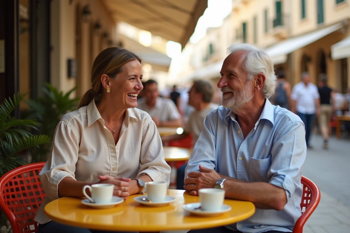Couple mature discutant dans un café en plein air à San Pawl