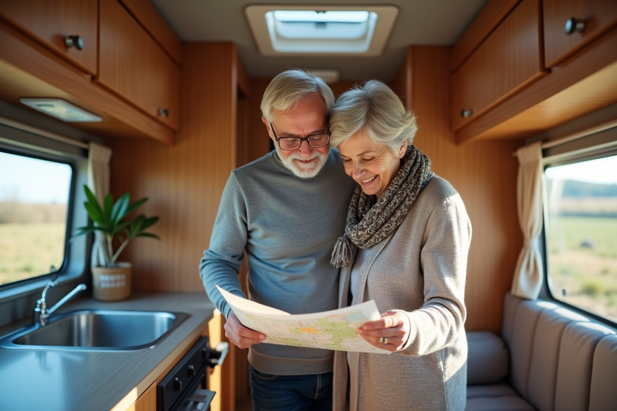 Couple retraité dans un van avec carte et documents