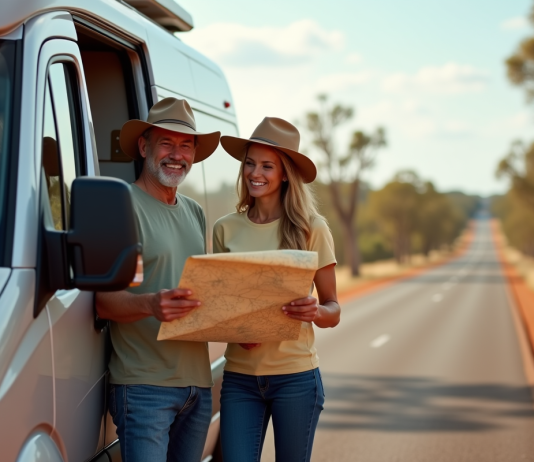 Couple souriant avec campervan en Australie