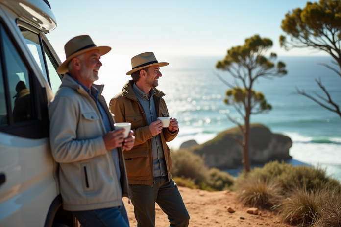 couple-camping-australie Couple souriant devant leur van en Australie