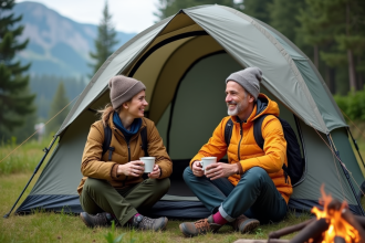 Couple de campeurs souriants autour d’un feu en forêt
