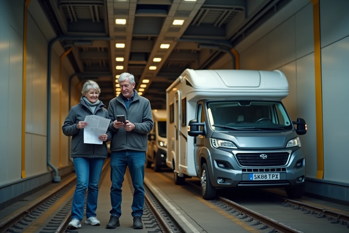 Couple avec caravane à l'intérieur d'un wagon navette Eurotunnel pendant la traversée sous la Manche