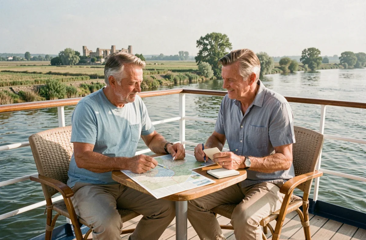 Couple de voyageurs consultant une carte de navigation sur le pont d'un bateau de croisière fluviale près d'Arles