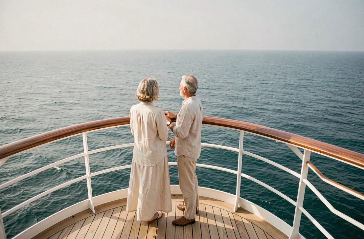 Couple de voyageurs en croisière tour du monde contemplant l'horizon depuis la proue d'un grand paquebot de luxe
