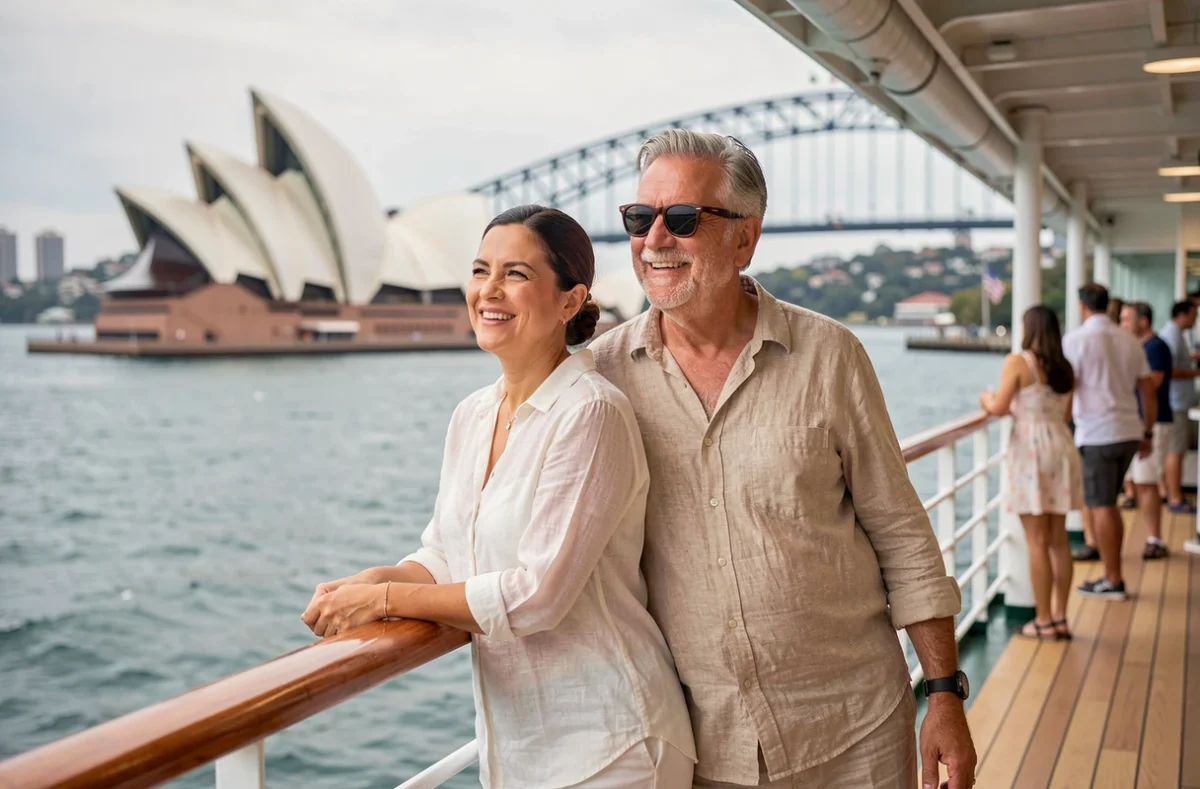 Couple de voyageurs sur le pont d'un bateau Costa avec vue sur le port de Sydney en tour du monde