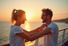Couple souriant sur le pont d'un bateau de croisière au coucher du soleil appliquant un répulsif contre les moustiques
