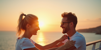 Couple souriant sur le pont d'un bateau de croisière au coucher du soleil appliquant un répulsif contre les moustiques