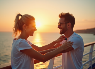 Couple souriant sur le pont d'un bateau de croisière au coucher du soleil appliquant un répulsif contre les moustiques