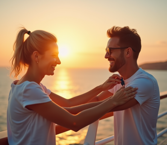 Couple souriant sur le pont d'un bateau de croisière au coucher du soleil appliquant un répulsif contre les moustiques