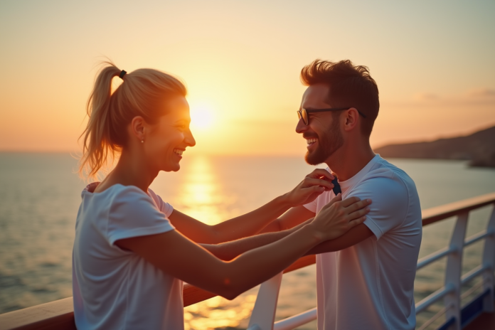 couple-cruise-soir-moustique Couple souriant sur le pont d'un bateau de croisière au coucher du soleil appliquant un répulsif contre les moustiques