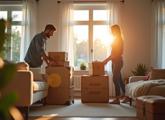 Profitez de vos chèques vacances pour des séjours Airbnb inoubliables Couple heureux déballant valises dans un salon lumineux