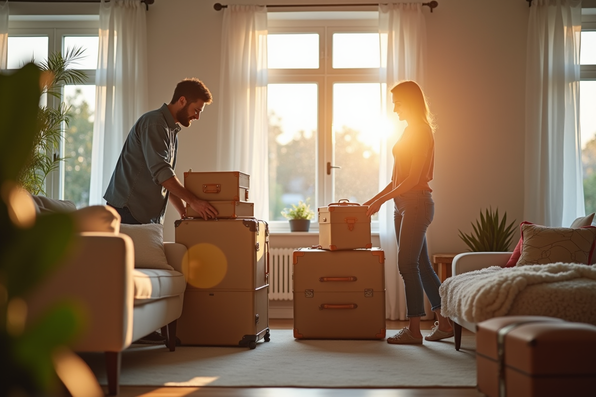 Couple heureux déballant valises dans un salon lumineux