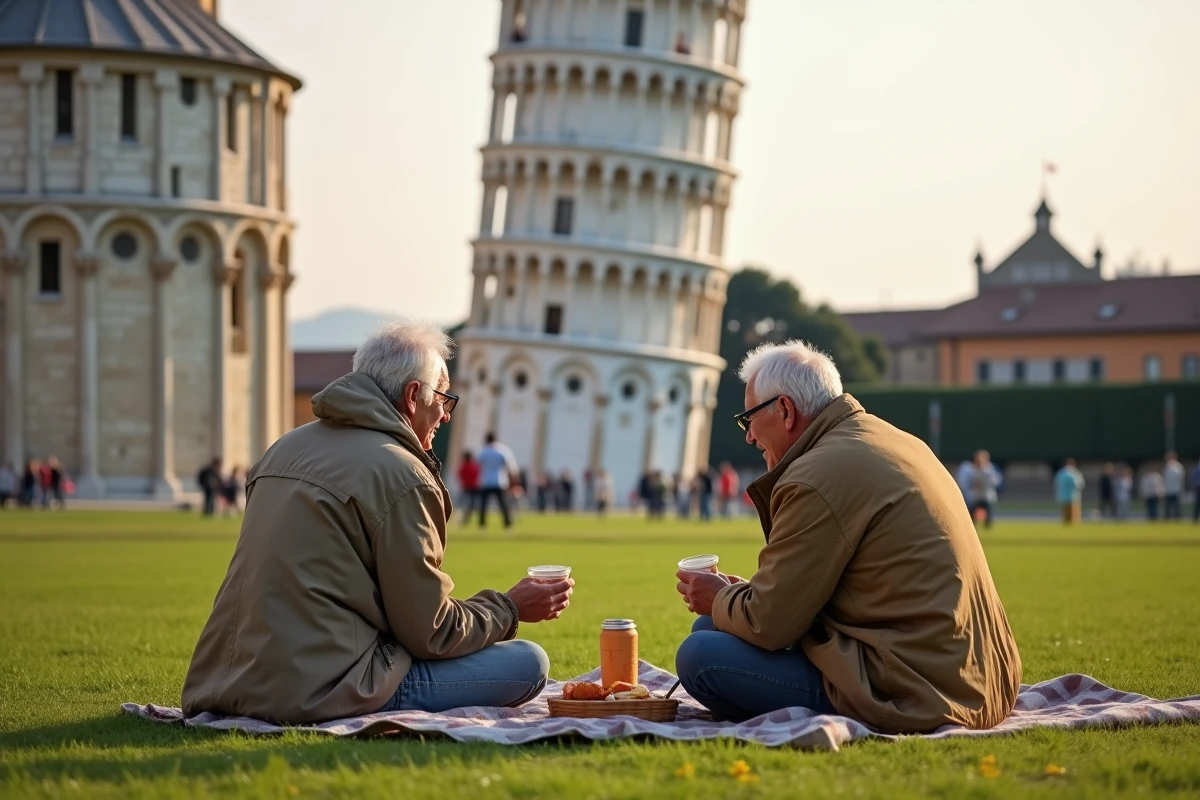 Couple âgée partageant un pique-nique près de Pise