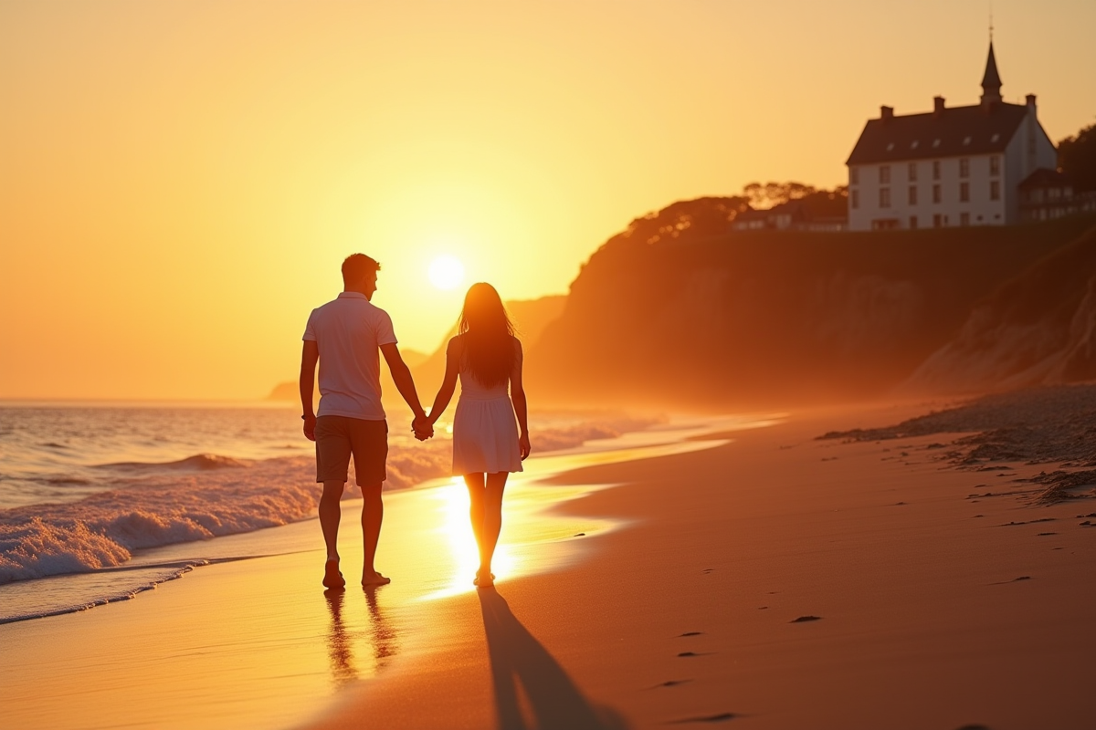 Couple main dans la main sur une plage bretonne au coucher du soleil