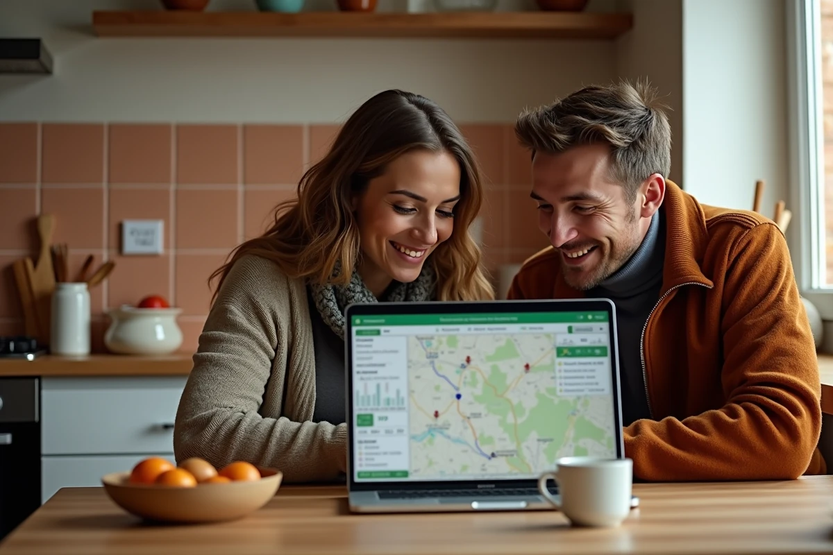Couple planifiant un itinéraire en voiture électrique sur le site Mappy depuis leur cuisine, avec gestion des bornes et de l'autonomie