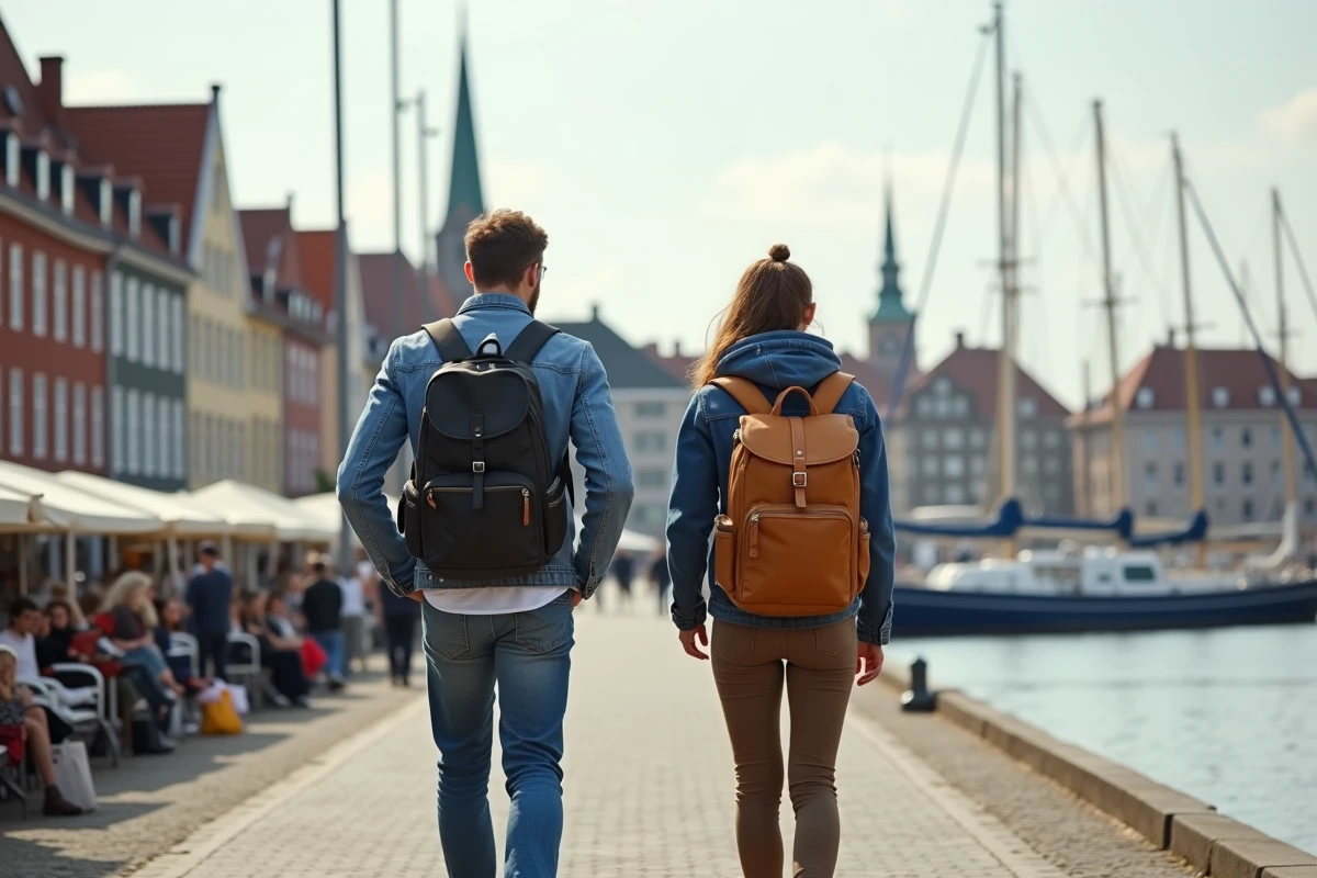 Jeune couple se promenant au port de Lübeck
