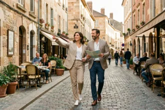 Couple se promenant à pied près de l'hôtel Ibis de Libourne vers les restaurants du centre-ville