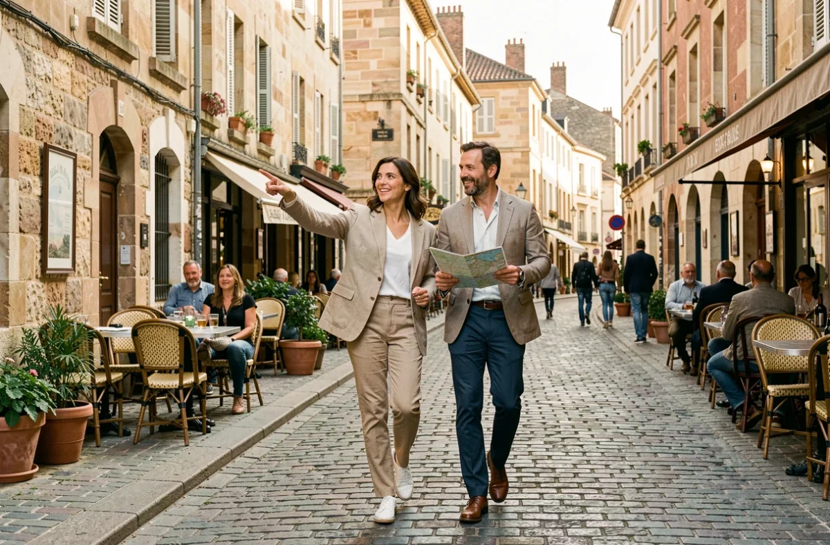 Couple se promenant à pied près de l'hôtel Ibis de Libourne vers les restaurants du centre-ville