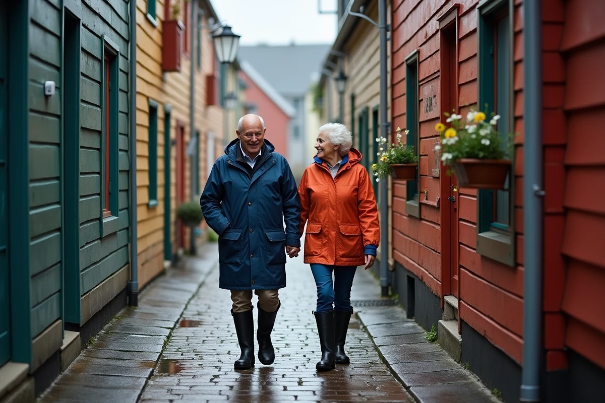 Couple âgé marchant dans une ruelle de Bergen sous la pluie