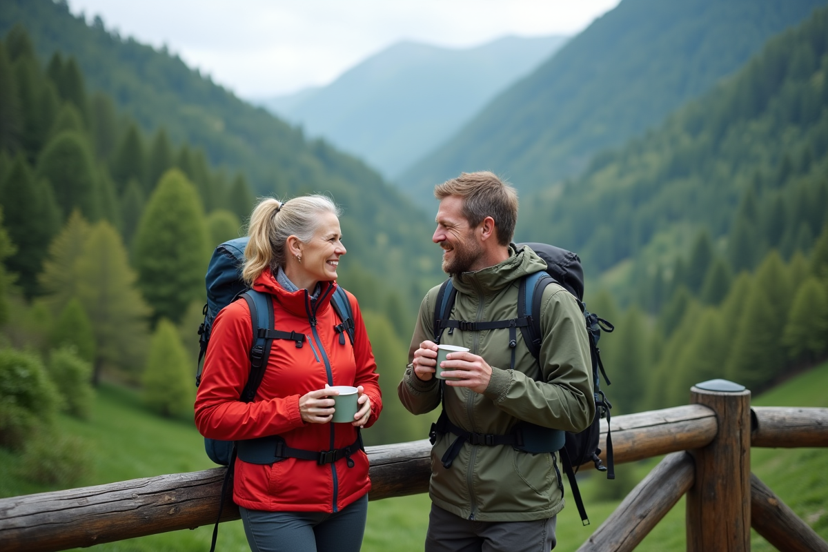 Couple souriant en randonnée dans la nature