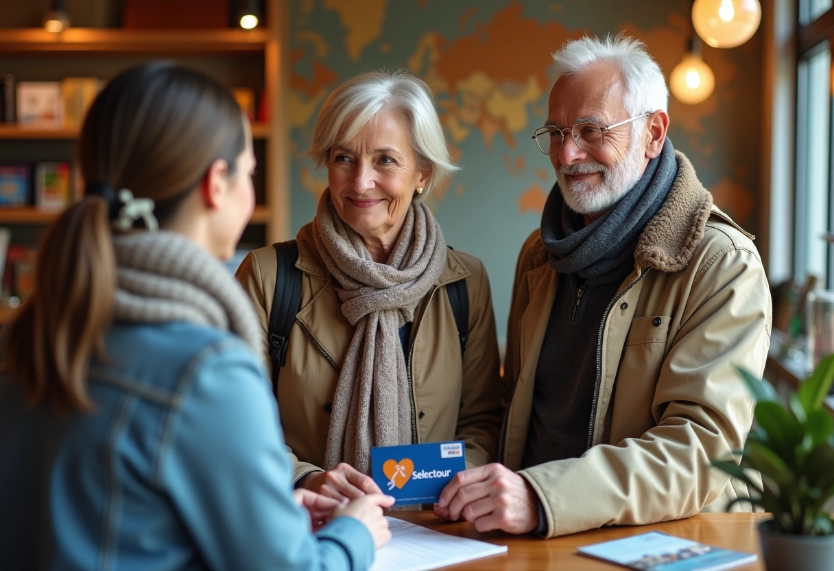 Couple dâgé recevant une carte voyage en agence