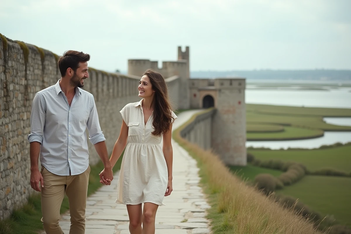 Couple romantique se promenant sur les remparts médiévaux de Guérande avec vue sur les marais salants